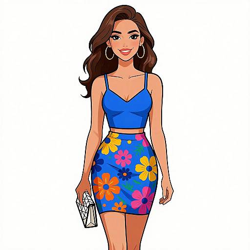 Digital illustration of a smiling woman with long brown hair, wearing a blue crop top and floral blue skirt, holding a white clutch, wearing large hoop earrings