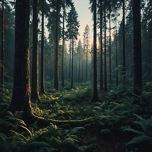 Dense Forest at Dawn with Volumetric Light
