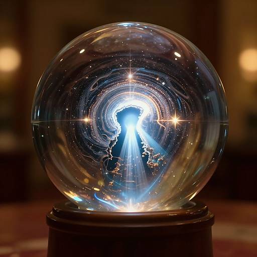 Photograph of a glass snow globe with a bright, radiant blue light at its center, surrounded by sparkling stars and wisps, placed on a dark
