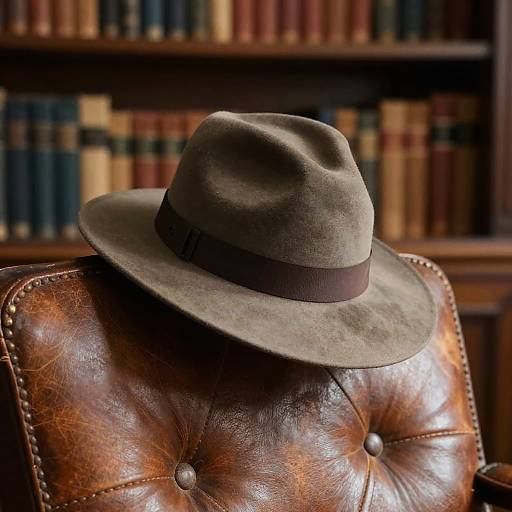Photograph of a grey fedora hat with dark brown band resting on a worn, brown leather armchair in a library. Background features blurred, colorful
