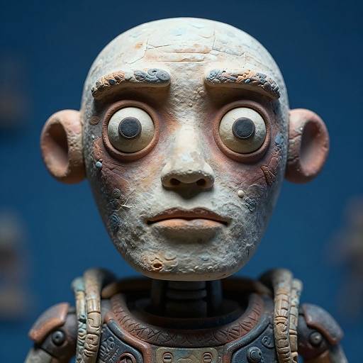 Photograph of a detailed, textured, bald, wide-eyed, metallic humanoid sculpture with a distressed, expressionless face and intricate armor in a dark blue