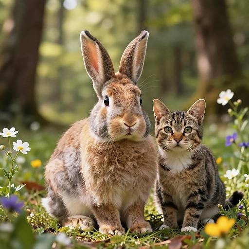 Rabbit and Cat in Forest Clearing