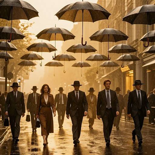 Photograph of business professionals in dark suits and hats walking on a rainy city street, with black umbrellas suspended above. Golden sunset light creates a dramatic