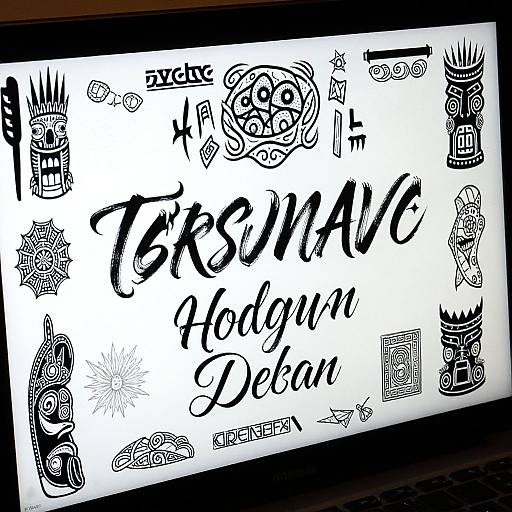 Black and white digital drawing of abstract tribal-style text 