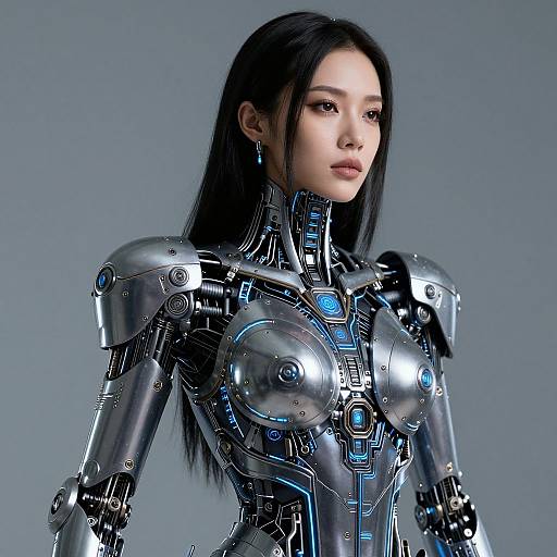 CGI image of an East Asian woman with long black hair in a futuristic, metallic, cybernetic armor with blue LED accents.