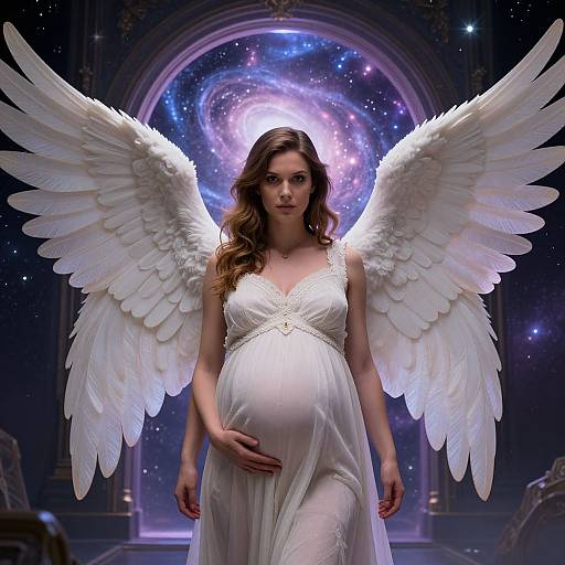 Digital artwork of a pregnant angel with large white wings, wearing a flowing white dress, standing in front of a cosmic galaxy backdrop.