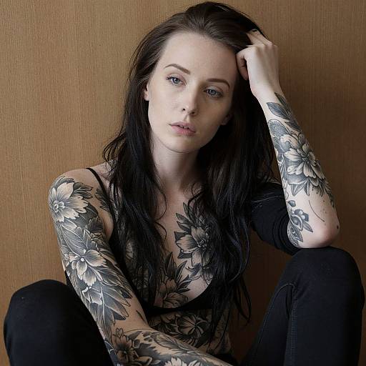 Tattooed Woman Against Wooden Wall