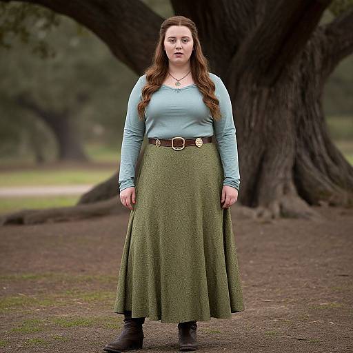 Photograph of a young white woman with long brown hair, wearing a light blue long-sleeve top, green skirt, brown belt, and black