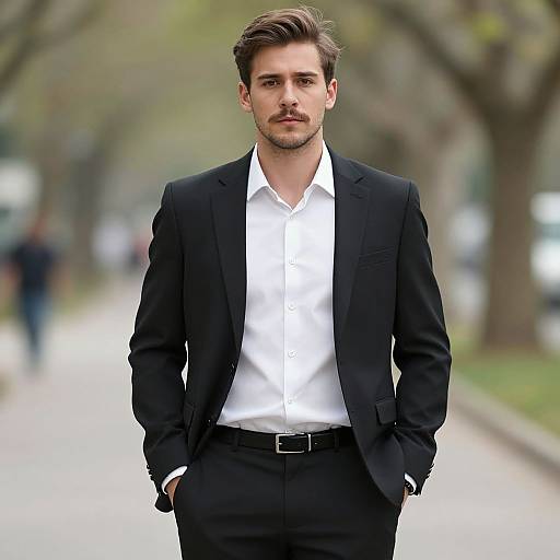 Photograph of a handsome, brown-haired man in a black suit and white shirt, standing confidently on a blurred city sidewalk.
