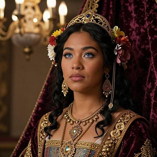 Photograph of a beautiful South Asian woman with dark hair, blue eyes, wearing an ornate gold crown, flower hairpiece, and elaborate royal attire