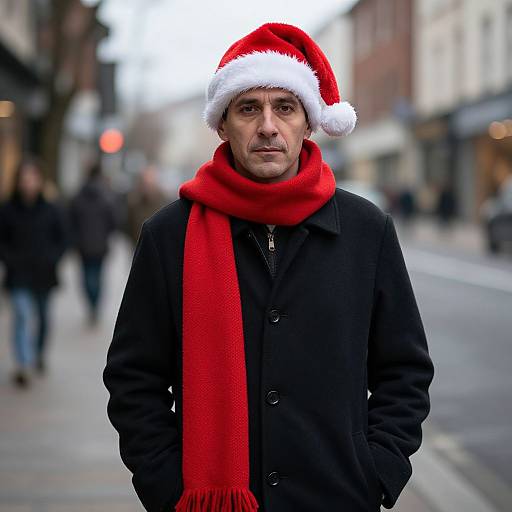 Photograph of a middle-aged man in a black coat, red scarf, and Santa hat, standing on a blurred city street.