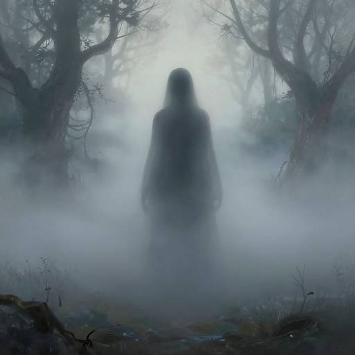 Mysterious, shadowy figure standing in dense, foggy forest; ethereal, blue-tinted light filters through twisted, ghostly trees.