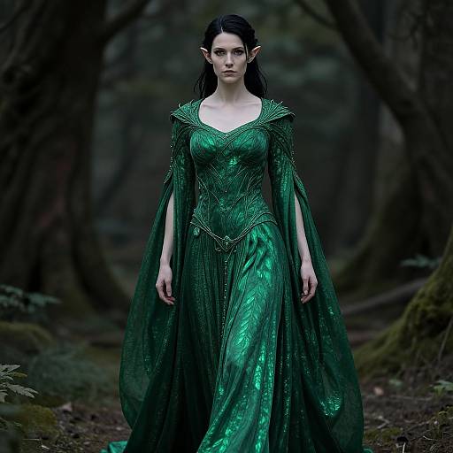 Photograph of a pale-skinned, dark-haired elf woman in a shimmering, emerald green medieval gown, standing in a dark, enchanted forest