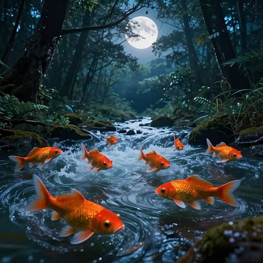 Photograph-like digital art of vibrant orange koi fish swimming in a moonlit, forest stream, surrounded by dark, misty trees.