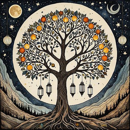 Stylized Tree of Life with Lanterns
