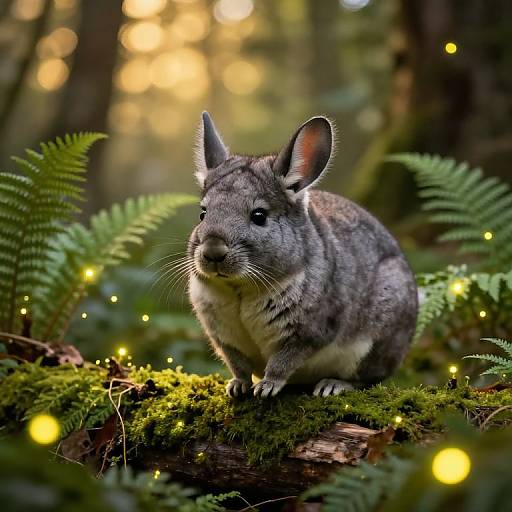 Photograph of a grey, furry, small mammal with large ears, surrounded by glowing fireflies and green ferns in a forest.