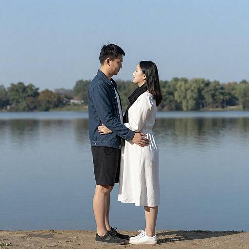 Couple Embracing by Lakeshore