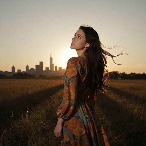 Photograph of a long-haired woman in an orange-patterned dress, standing in a field at sunset, with a city skyline in the background. Her