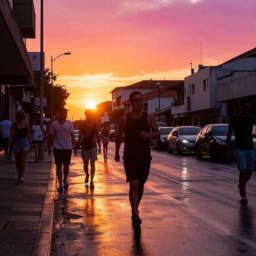 Photograph of a vibrant sunset on a city street, silhouetting people walking, with bright orange and pink sky reflecting on wet pavement.