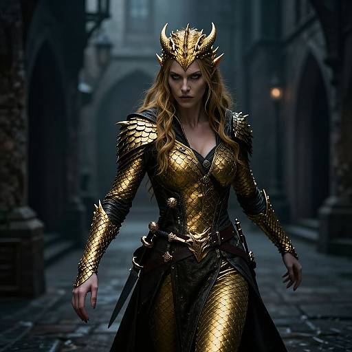 Digital artwork of a fierce, golden-armored queen with a crown, long wavy hair, and sharp shoulder plates, walking through a dimly lit