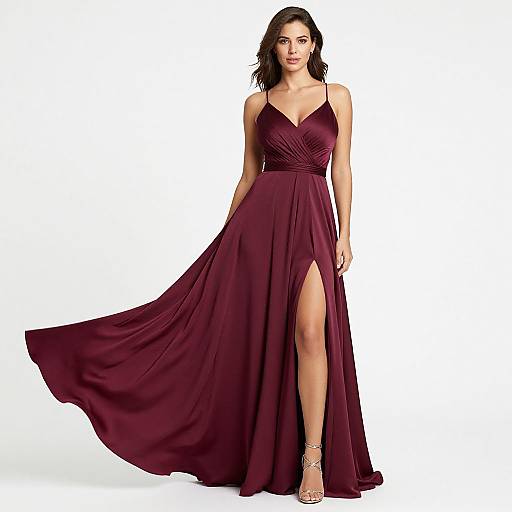 Photograph of a woman with medium-length dark brown hair wearing a sleeveless, deep burgundy, floor-length gown with a high slit, standing against