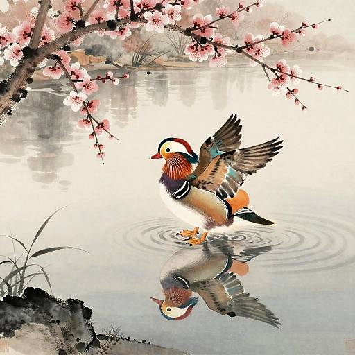 Mandarin Duck in Serene Cherry Blossoms