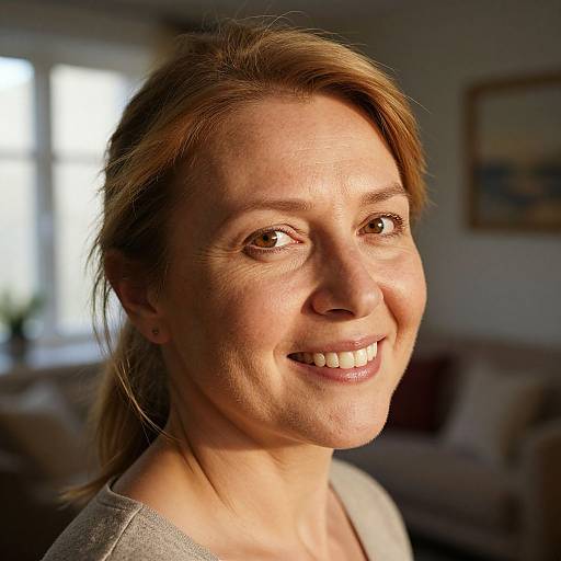 Photograph of a smiling Caucasian woman with light brown hair in a ponytail, wearing a gray shirt, illuminated by sunlight indoors.