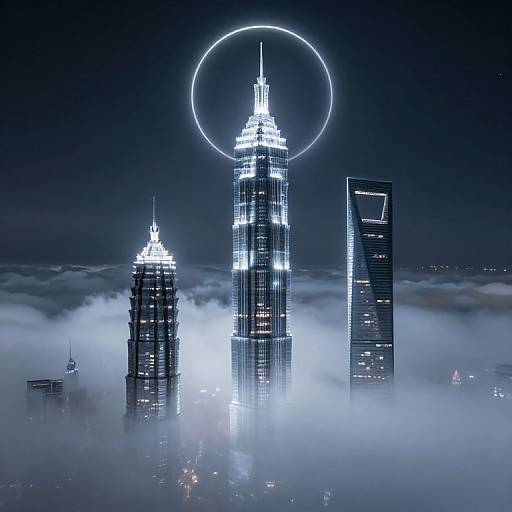 Photograph of a nighttime cityscape featuring three illuminated skyscrapers with a glowing circular halo above the tallest building, surrounded by clouds.