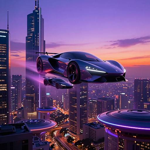 2050 Futuristic Flying Cars at Dusk