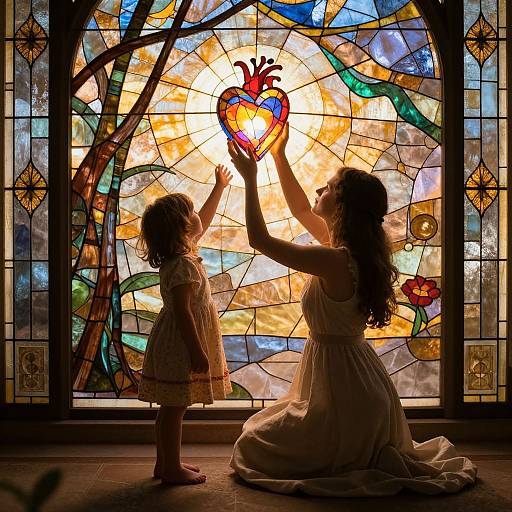 Photograph of a mother and daughter holding a colorful, heart-shaped stained glass light, silhouetted against a vibrant, sunburst window.