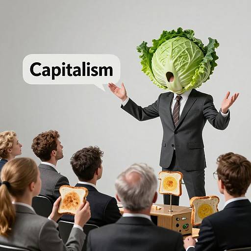 Photograph of a person in a black suit with a green cabbage head, standing on toast, speaking to an audience, with 