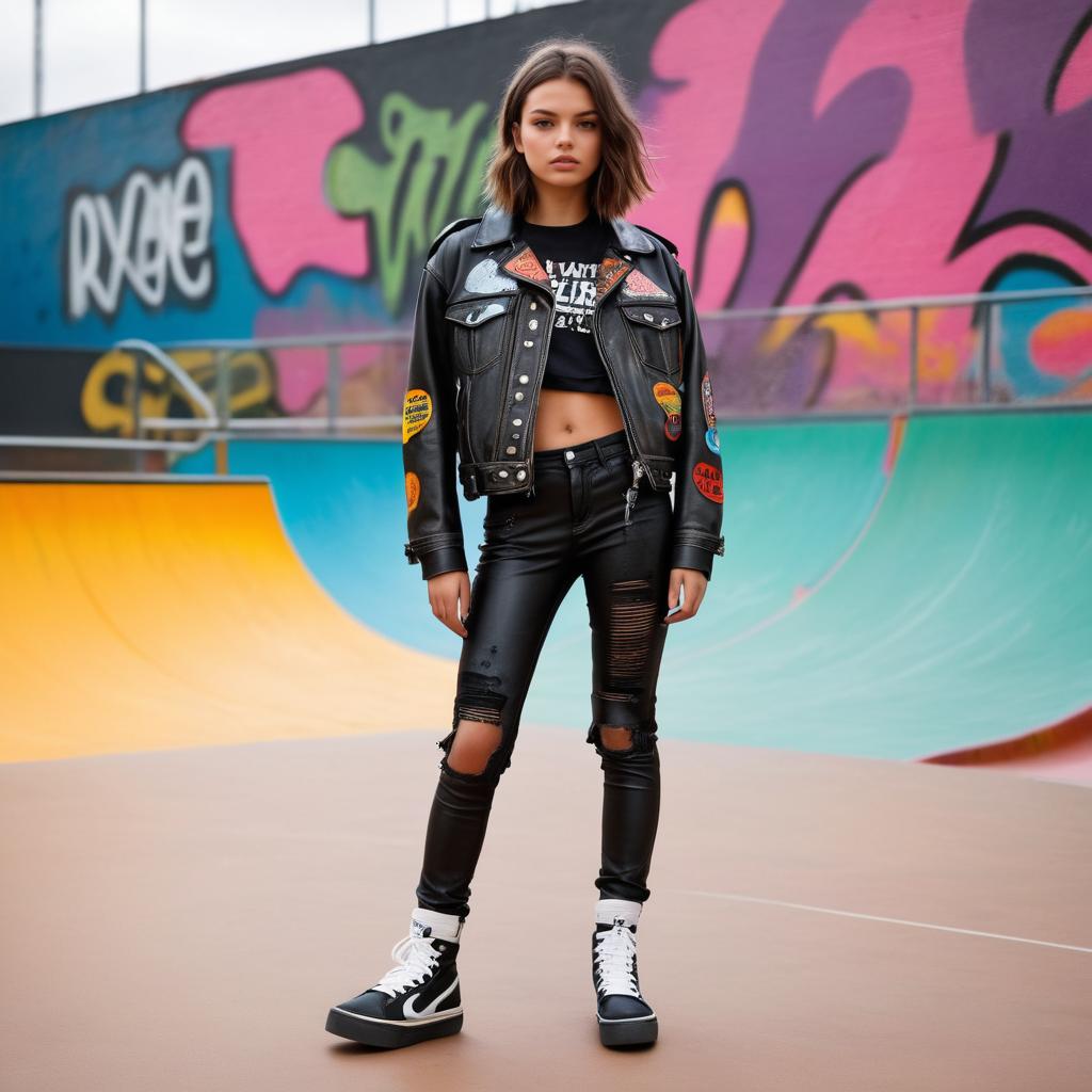 Rebellious Teen in Vibrant Skatepark Style