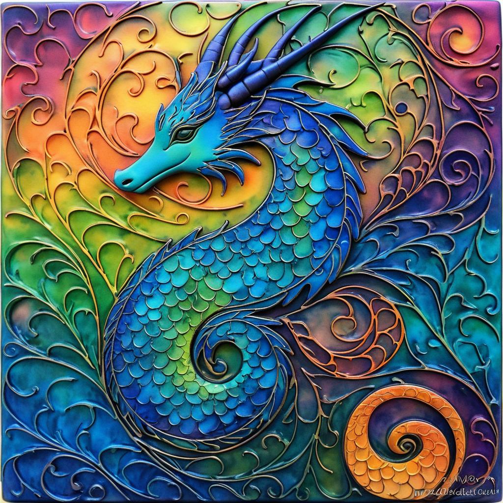 Whimsical Dragon in Encaustic Wonderland