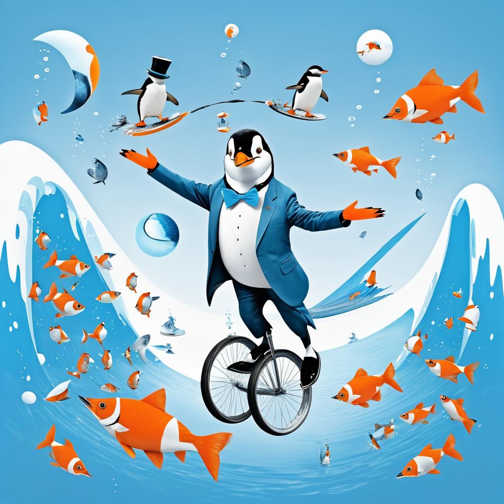 Dadaist Penguin: Unicycle and Fish Juggling