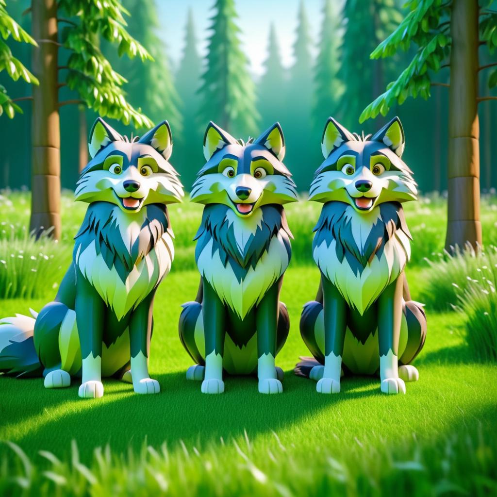 Playful Timber Wolves in Animated Meadow