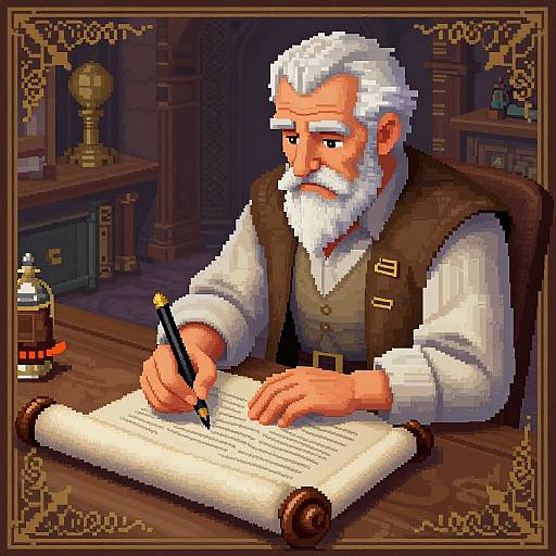Pixel art of an elderly white-bearded man with a serious expression, writing on parchment with a quill in a dimly lit, medieval-style study