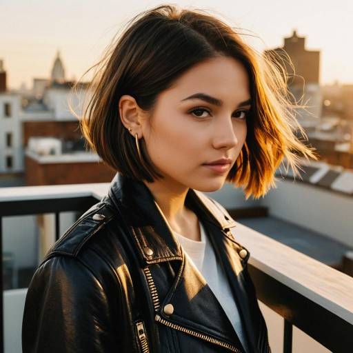 Young Woman with Ear-Length Bob Hairstyle in Leather Jacket