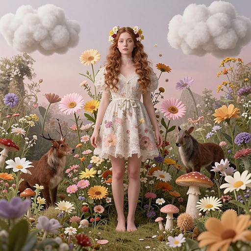 Digital artwork of a young woman with long curly red hair, wearing a floral dress and flower crown, standing in a vibrant, magical meadow with colorful