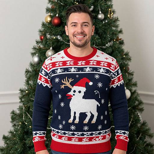 Photograph of a smiling man with short dark hair and beard, wearing a festive navy sweater with red and white reindeer and snowflake patterns, standing