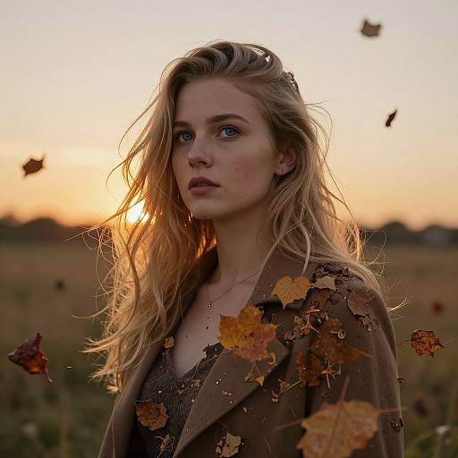 Photograph of a blonde, blue-eyed woman with wavy hair, wearing a brown coat, standing in a field at sunset, with autumn leaves floating