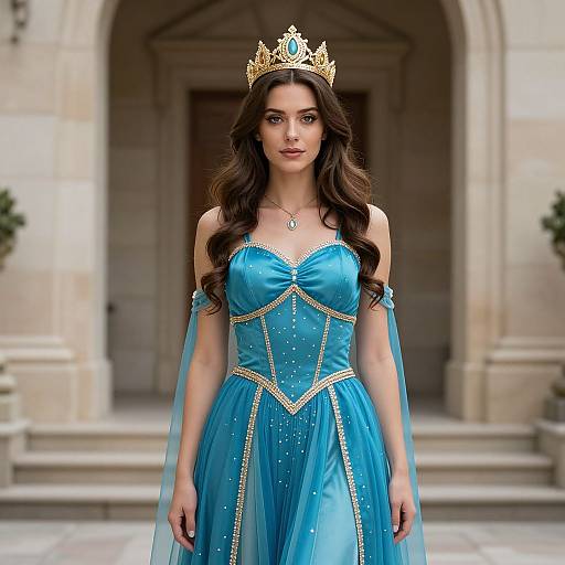 Photograph of a beautiful woman with long brown hair, wearing a gold crown and blue, strapless, sparkling ball gown, standing in front of a