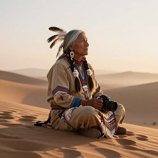 Photograph of an elderly Native American man in traditional beige attire with feathered headpiece, sitting on desert sand at sunset, holding camera, serene expression