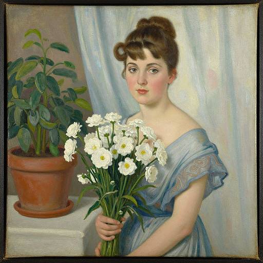 Realistic oil painting of a fair-skinned woman with brown hair in a bun, wearing a blue off-shoulder dress, holding white dais