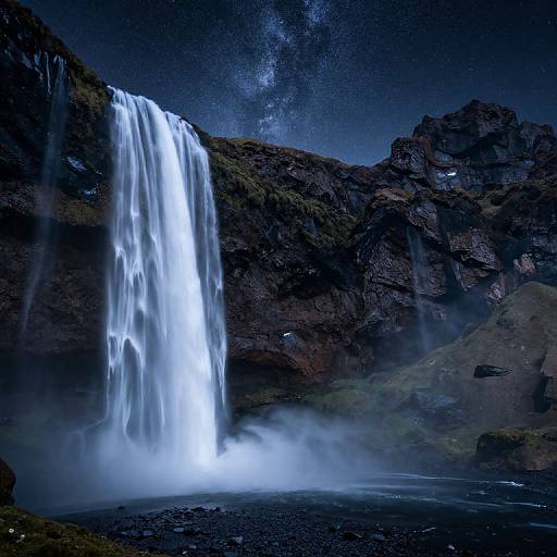 Photograph of a powerful waterfall cascading down dark, rocky cliffs with mist at the base, under a starry night sky.