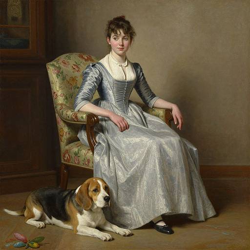 Victorian painting of a fair-skinned woman with brown hair in a blue and white striped dress, seated on floral armchair, beside a Beagle