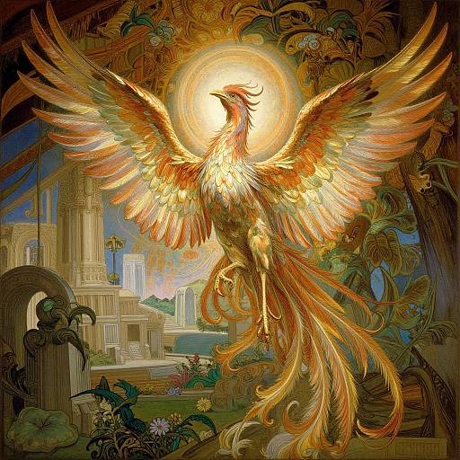 Digital art of a radiant, golden phoenix with fiery wings and long tail, centered in a vibrant, ornate garden with ancient ruins and lush greenery