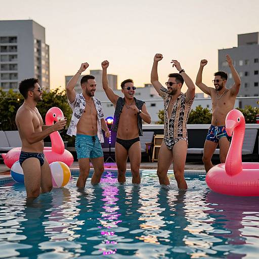 Photograph of five bearded, muscular men in swim trunks and patterned shirts, celebrating in a rooftop pool at sunset, holding fists up,