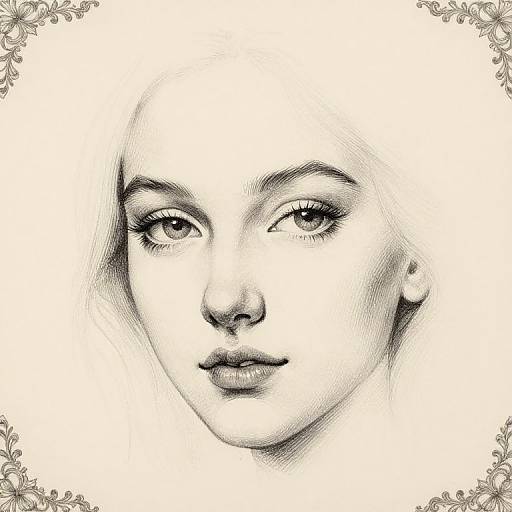 Black-and-white pencil drawing of a serene young woman with delicate features, subtle eyeliner, and soft expression, framed by ornate floral corner designs.