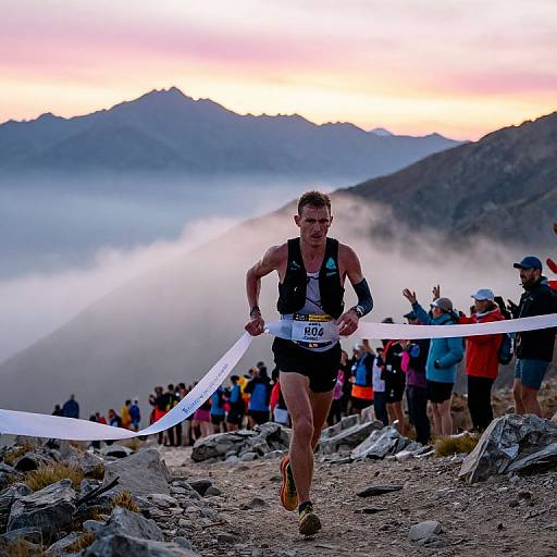 Photograph of a male marathon runner in black and white gear, crossing a mountain finish line at dawn, surrounded by rocky terrain and misty mountains.