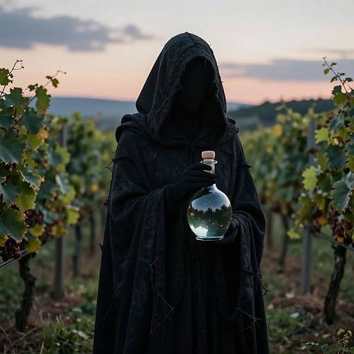 Mysterious figure in black hooded cloak holding a glass bottle, standing in a vineyard at sunset. Silhouetted against a pink and blue
